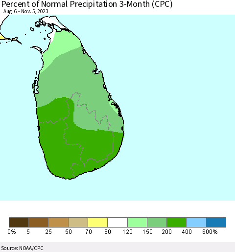Sri Lanka Percent of Normal Precipitation 3-Month (CPC) Thematic Map For 8/6/2023 - 11/5/2023