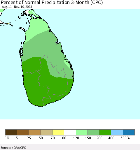 Sri Lanka Percent of Normal Precipitation 3-Month (CPC) Thematic Map For 8/11/2023 - 11/10/2023