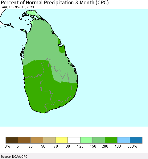 Sri Lanka Percent of Normal Precipitation 3-Month (CPC) Thematic Map For 8/16/2023 - 11/15/2023