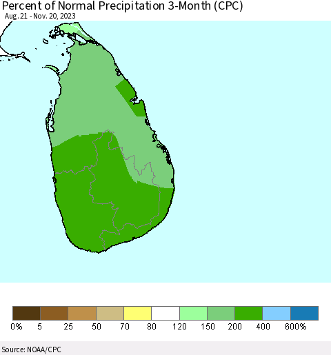 Sri Lanka Percent of Normal Precipitation 3-Month (CPC) Thematic Map For 8/21/2023 - 11/20/2023