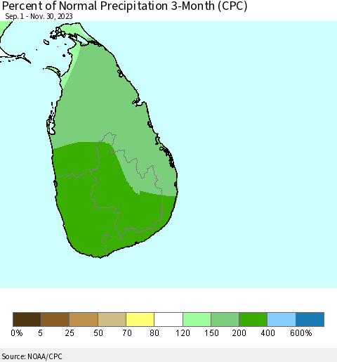 Sri Lanka Percent of Normal Precipitation 3-Month (CPC) Thematic Map For 9/1/2023 - 11/30/2023