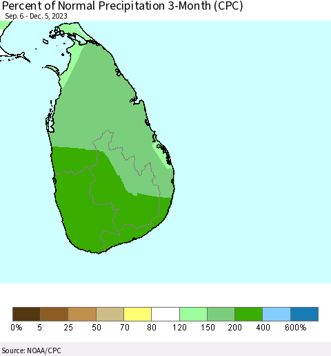 Sri Lanka Percent of Normal Precipitation 3-Month (CPC) Thematic Map For 9/6/2023 - 12/5/2023