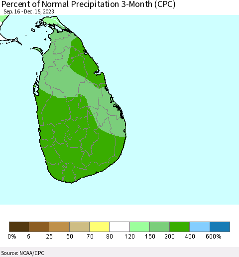Sri Lanka Percent of Normal Precipitation 3-Month (CPC) Thematic Map For 9/16/2023 - 12/15/2023