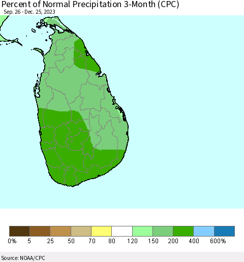 Sri Lanka Percent of Normal Precipitation 3-Month (CPC) Thematic Map For 9/26/2023 - 12/25/2023