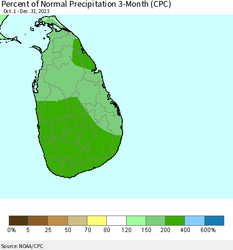 Sri Lanka Percent of Normal Precipitation 3-Month (CPC) Thematic Map For 10/1/2023 - 12/31/2023