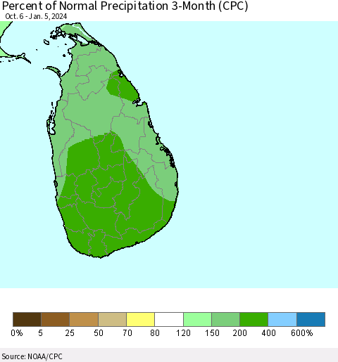 Sri Lanka Percent of Normal Precipitation 3-Month (CPC) Thematic Map For 10/6/2023 - 1/5/2024