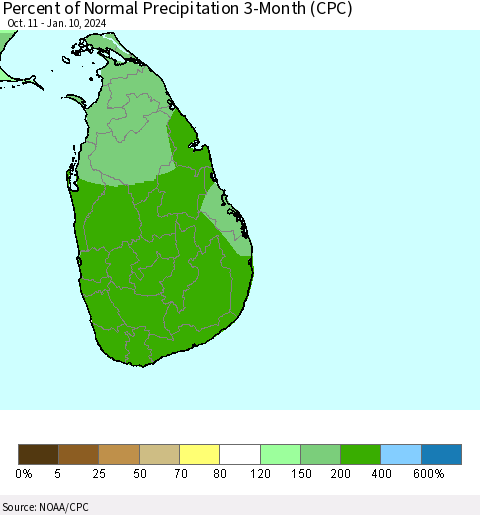 Sri Lanka Percent of Normal Precipitation 3-Month (CPC) Thematic Map For 10/11/2023 - 1/10/2024