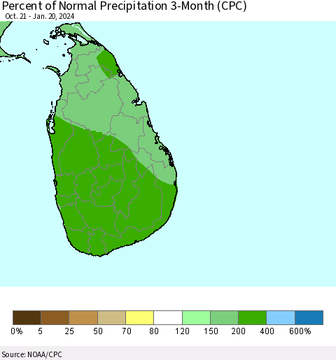 Sri Lanka Percent of Normal Precipitation 3-Month (CPC) Thematic Map For 10/21/2023 - 1/20/2024
