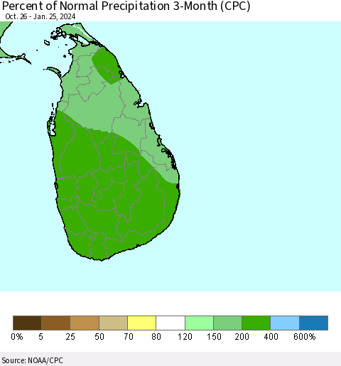 Sri Lanka Percent of Normal Precipitation 3-Month (CPC) Thematic Map For 10/26/2023 - 1/25/2024