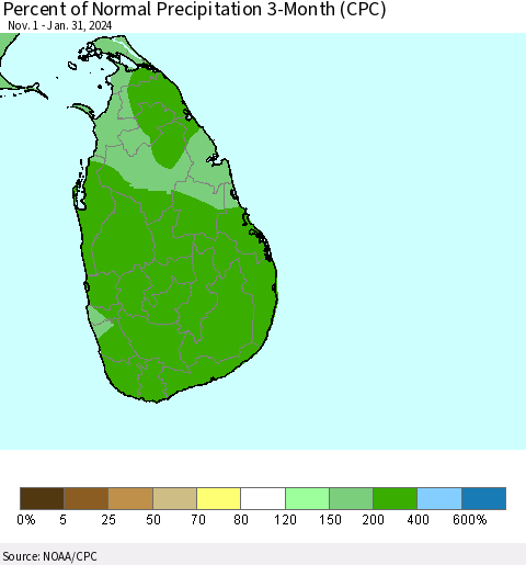Sri Lanka Percent of Normal Precipitation 3-Month (CPC) Thematic Map For 11/1/2023 - 1/31/2024