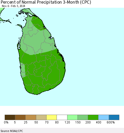 Sri Lanka Percent of Normal Precipitation 3-Month (CPC) Thematic Map For 11/6/2023 - 2/5/2024