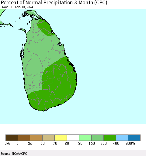 Sri Lanka Percent of Normal Precipitation 3-Month (CPC) Thematic Map For 11/11/2023 - 2/10/2024
