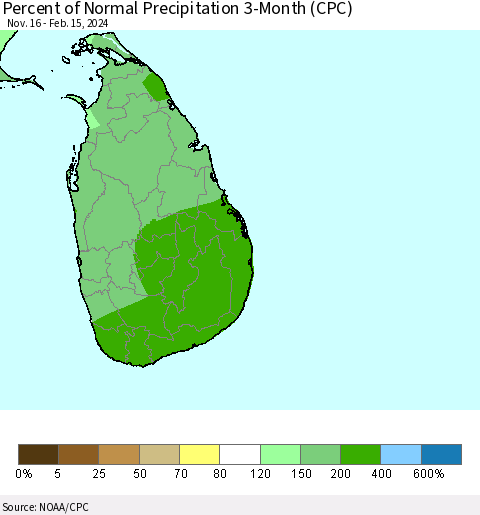 Sri Lanka Percent of Normal Precipitation 3-Month (CPC) Thematic Map For 11/16/2023 - 2/15/2024