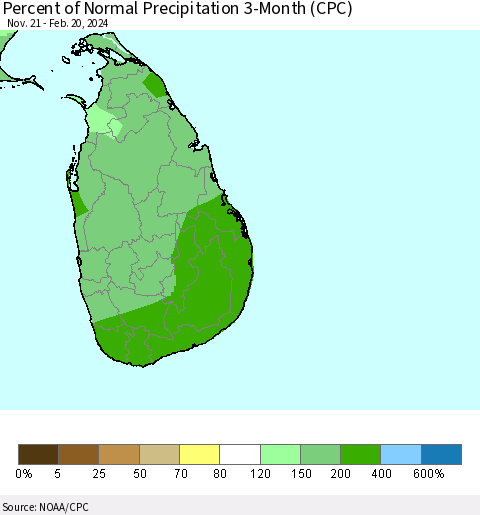 Sri Lanka Percent of Normal Precipitation 3-Month (CPC) Thematic Map For 11/21/2023 - 2/20/2024