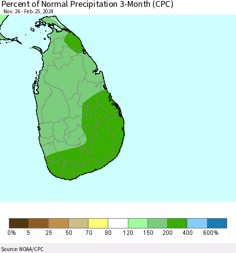 Sri Lanka Percent of Normal Precipitation 3-Month (CPC) Thematic Map For 11/26/2023 - 2/25/2024