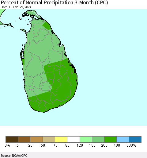 Sri Lanka Percent of Normal Precipitation 3-Month (CPC) Thematic Map For 12/1/2023 - 2/29/2024