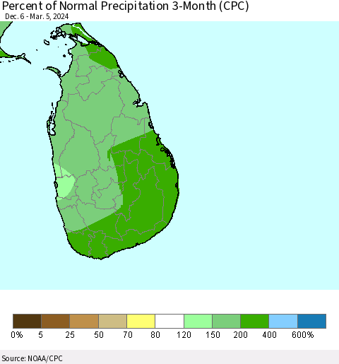 Sri Lanka Percent of Normal Precipitation 3-Month (CPC) Thematic Map For 12/6/2023 - 3/5/2024