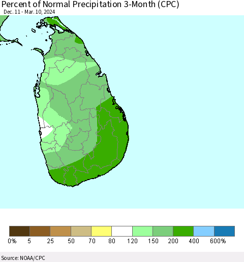 Sri Lanka Percent of Normal Precipitation 3-Month (CPC) Thematic Map For 12/11/2023 - 3/10/2024