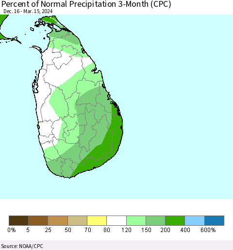 Sri Lanka Percent of Normal Precipitation 3-Month (CPC) Thematic Map For 12/16/2023 - 3/15/2024