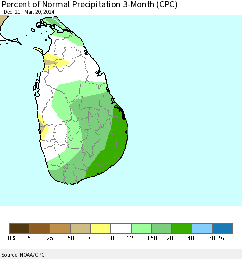 Sri Lanka Percent of Normal Precipitation 3-Month (CPC) Thematic Map For 12/21/2023 - 3/20/2024