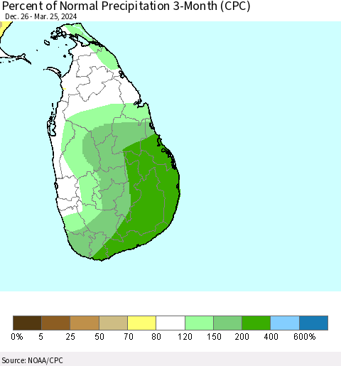 Sri Lanka Percent of Normal Precipitation 3-Month (CPC) Thematic Map For 12/26/2023 - 3/25/2024