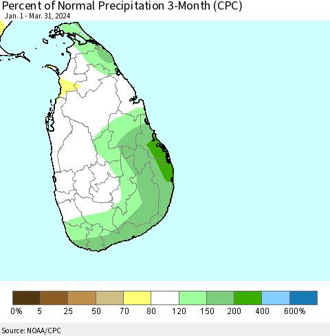 Sri Lanka Percent of Normal Precipitation 3-Month (CPC) Thematic Map For 1/1/2024 - 3/31/2024