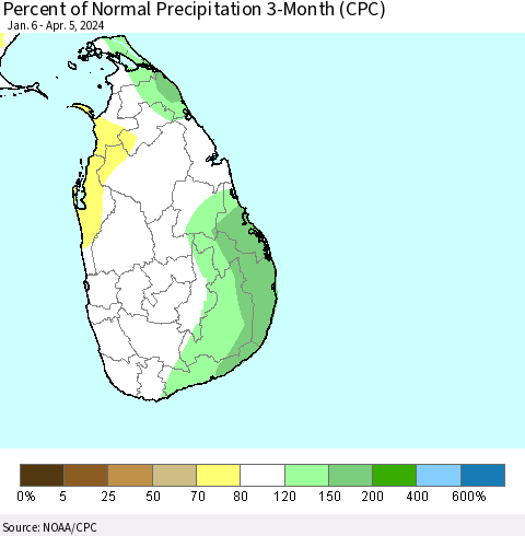 Sri Lanka Percent of Normal Precipitation 3-Month (CPC) Thematic Map For 1/6/2024 - 4/5/2024