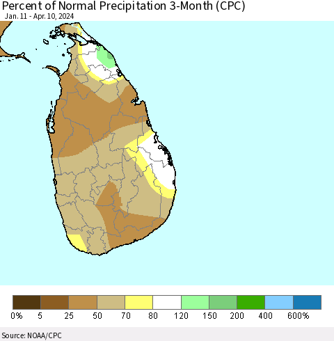 Sri Lanka Percent of Normal Precipitation 3-Month (CPC) Thematic Map For 1/11/2024 - 4/10/2024
