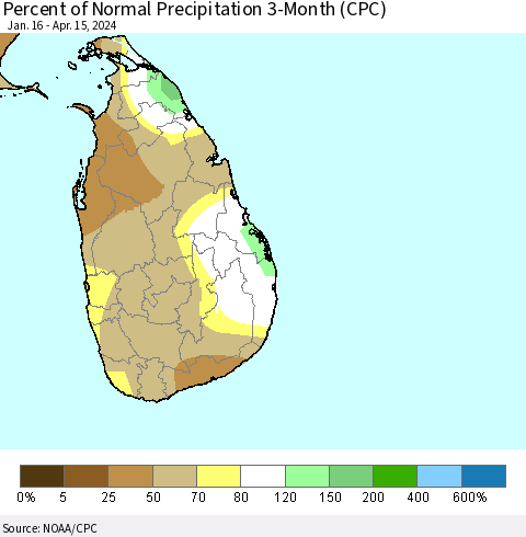 Sri Lanka Percent of Normal Precipitation 3-Month (CPC) Thematic Map For 1/16/2024 - 4/15/2024