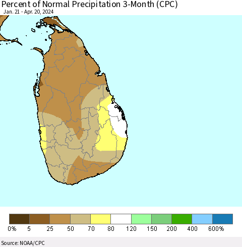Sri Lanka Percent of Normal Precipitation 3-Month (CPC) Thematic Map For 1/21/2024 - 4/20/2024