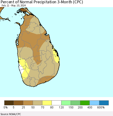 Sri Lanka Percent of Normal Precipitation 3-Month (CPC) Thematic Map For 2/11/2024 - 5/10/2024