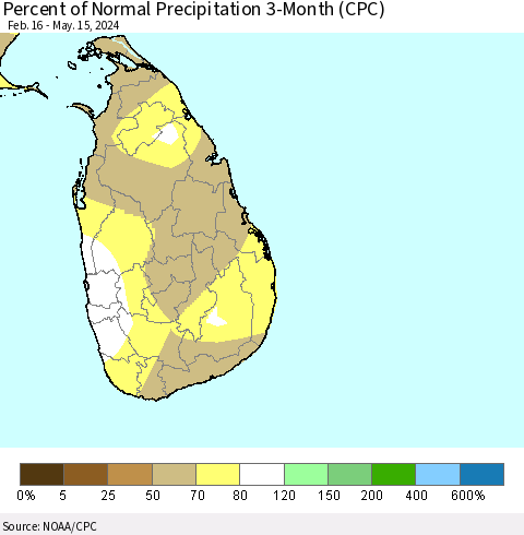 Sri Lanka Percent of Normal Precipitation 3-Month (CPC) Thematic Map For 2/16/2024 - 5/15/2024