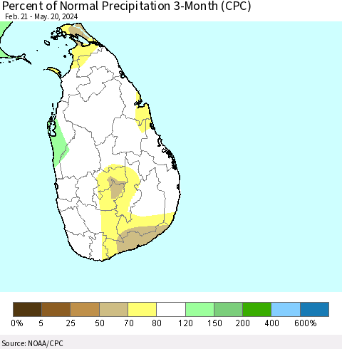 Sri Lanka Percent of Normal Precipitation 3-Month (CPC) Thematic Map For 2/21/2024 - 5/20/2024