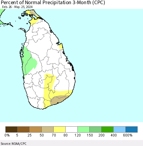 Sri Lanka Percent of Normal Precipitation 3-Month (CPC) Thematic Map For 2/26/2024 - 5/25/2024