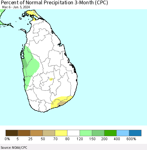 Sri Lanka Percent of Normal Precipitation 3-Month (CPC) Thematic Map For 3/6/2024 - 6/5/2024