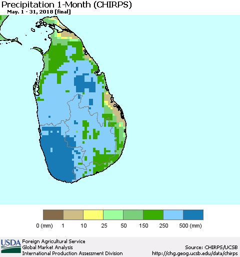 Sri Lanka Precipitation 1-Month (CHIRPS) Thematic Map For 5/1/2018 - 5/31/2018