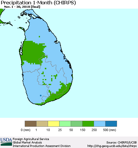 Sri Lanka Precipitation 1-Month (CHIRPS) Thematic Map For 11/1/2018 - 11/30/2018