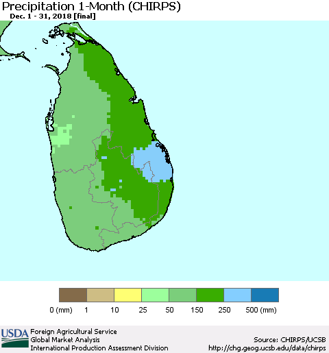 Sri Lanka Precipitation 1-Month (CHIRPS) Thematic Map For 12/1/2018 - 12/31/2018