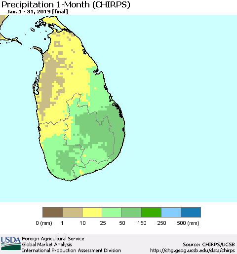 Sri Lanka Precipitation 1-Month (CHIRPS) Thematic Map For 1/1/2019 - 1/31/2019