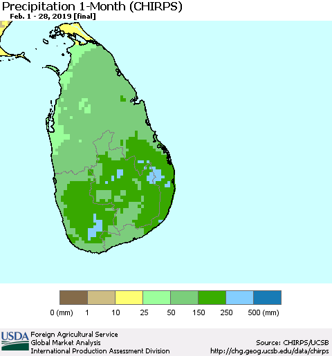Sri Lanka Precipitation 1-Month (CHIRPS) Thematic Map For 2/1/2019 - 2/28/2019