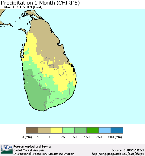 Sri Lanka Precipitation 1-Month (CHIRPS) Thematic Map For 3/1/2019 - 3/31/2019