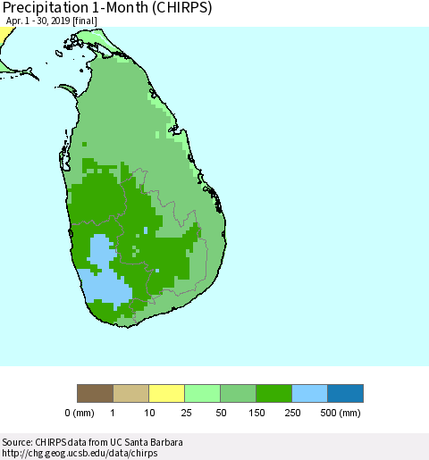 Sri Lanka Precipitation 1-Month (CHIRPS) Thematic Map For 4/1/2019 - 4/30/2019