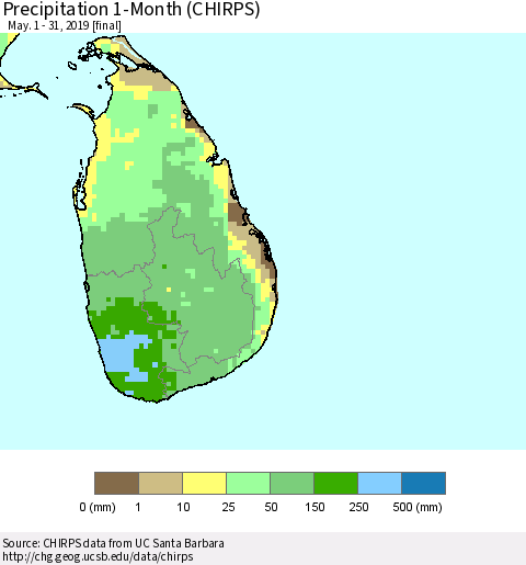 Sri Lanka Precipitation 1-Month (CHIRPS) Thematic Map For 5/1/2019 - 5/31/2019