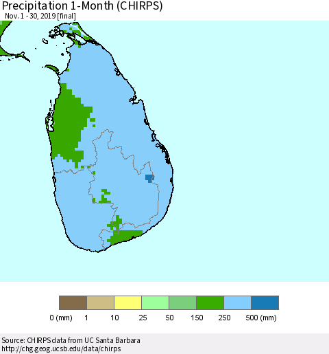 Sri Lanka Precipitation 1-Month (CHIRPS) Thematic Map For 11/1/2019 - 11/30/2019