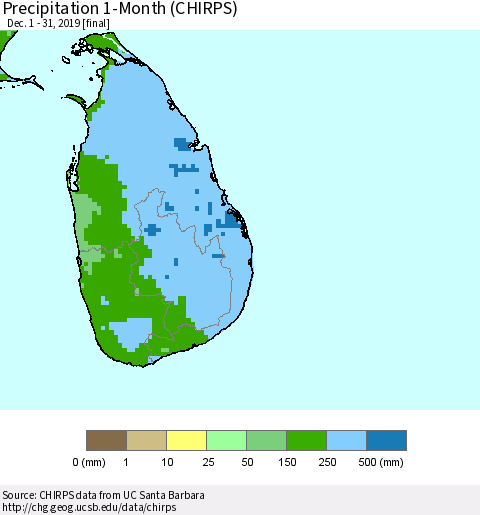 Sri Lanka Precipitation 1-Month (CHIRPS) Thematic Map For 12/1/2019 - 12/31/2019