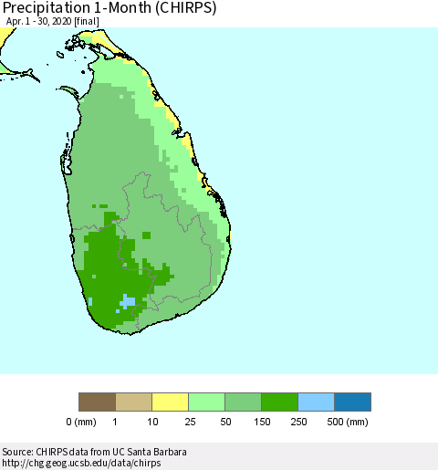Sri Lanka Precipitation 1-Month (CHIRPS) Thematic Map For 4/1/2020 - 4/30/2020