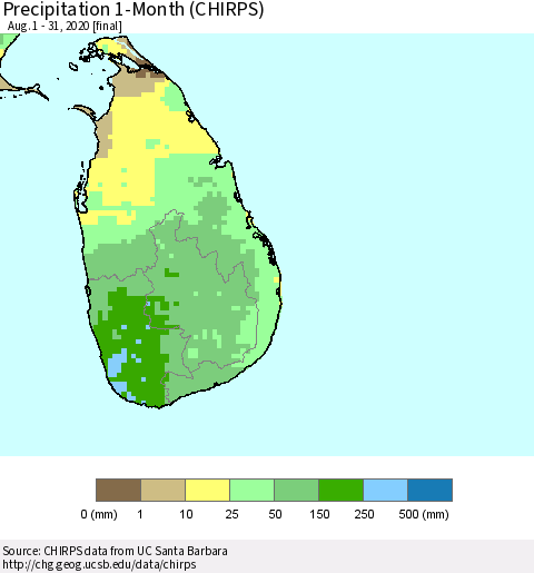 Sri Lanka Precipitation 1-Month (CHIRPS) Thematic Map For 8/1/2020 - 8/31/2020