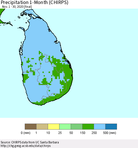 Sri Lanka Precipitation 1-Month (CHIRPS) Thematic Map For 11/1/2020 - 11/30/2020
