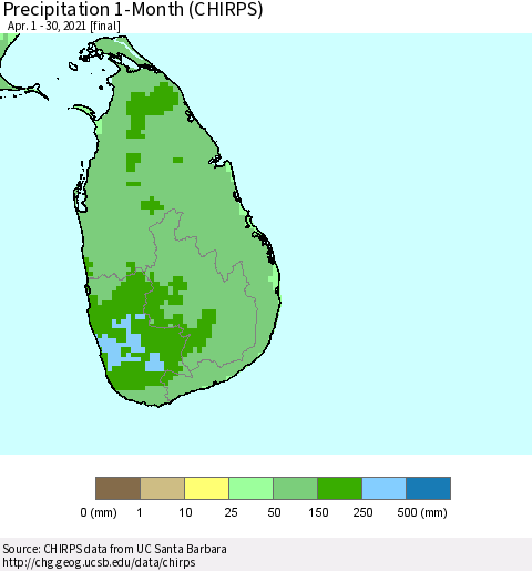 Sri Lanka Precipitation 1-Month (CHIRPS) Thematic Map For 4/1/2021 - 4/30/2021