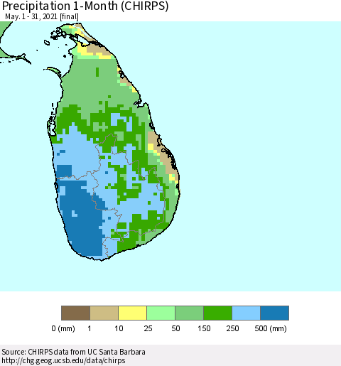 Sri Lanka Precipitation 1-Month (CHIRPS) Thematic Map For 5/1/2021 - 5/31/2021